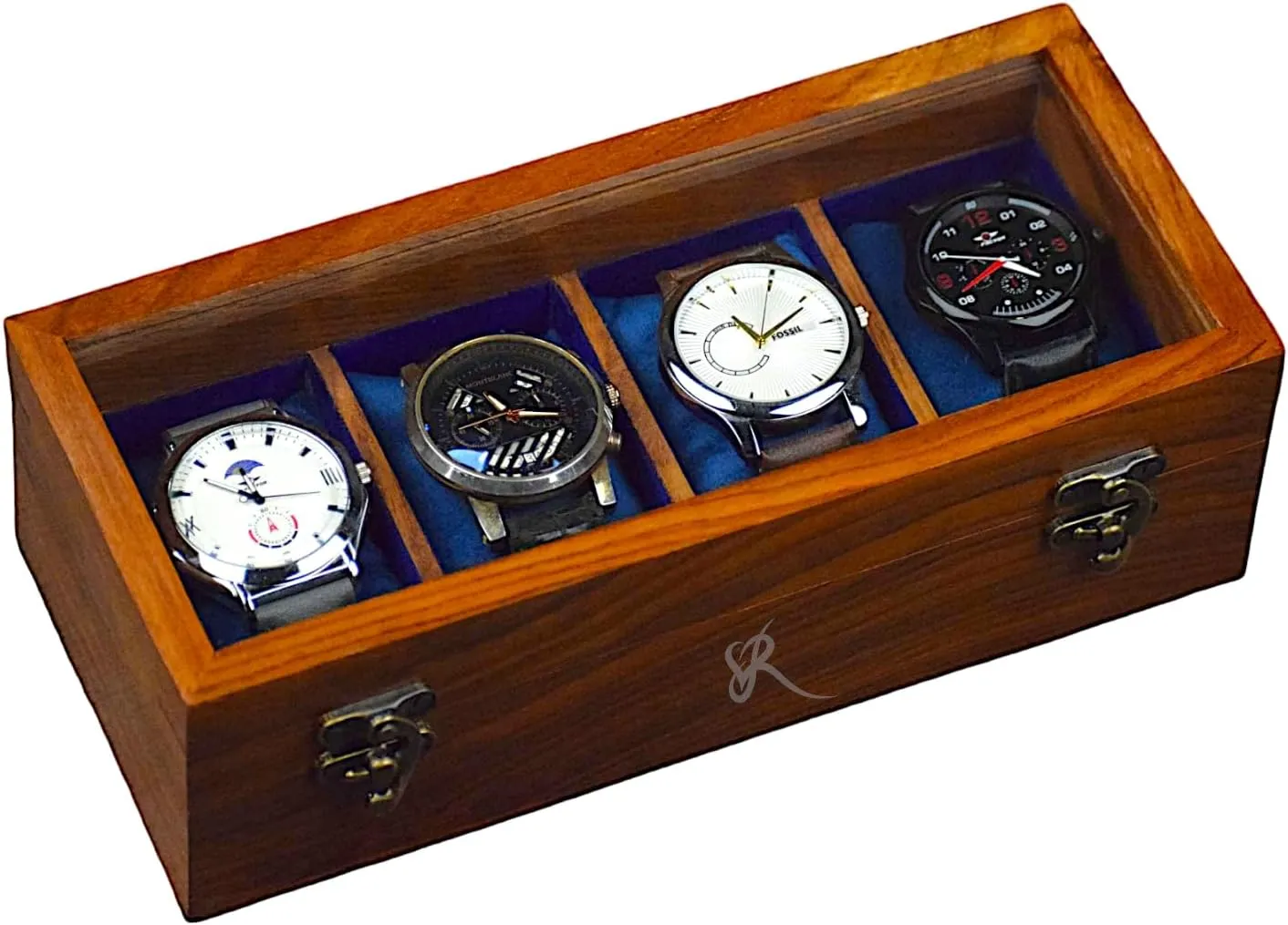 Peoples and Events | Handmade Superior Indian Rosewood Four slot Mens Watch Display Case Box for Men | Wooden Mens Watch Box motif | Handmade Cushions - Made for Special 