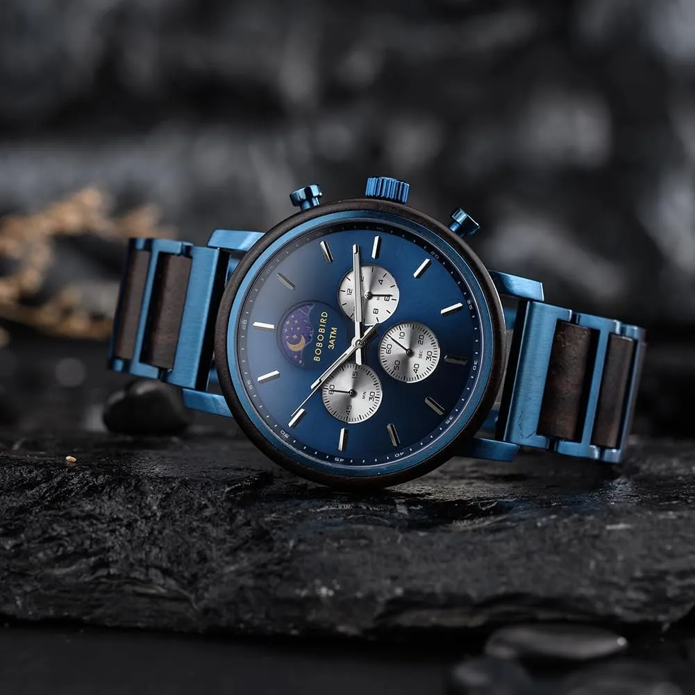 Personalized Anniversary Watches Gifts for Him Husband Groomsmen Dad Boyfriend 2win Engraved Wood Watch topsoil for Men Multifunctional Chronograph Custom 