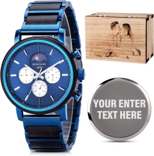 Personalized Anniversary Watches Gifts for Him Husband Groomsmen Dad Boyfriend 2win Engraved Wood Watch topsoil for Men Multifunctional Chronograph Custom 