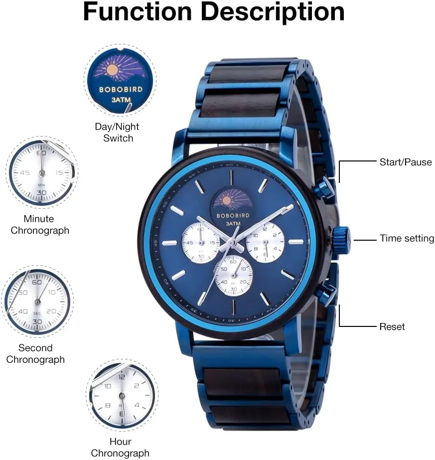 Personalized Anniversary Watches Gifts for Him Husband Groomsmen Dad Boyfriend 2win Engraved Wood Watch topsoil for Men Multifunctional Chronograph Custom 