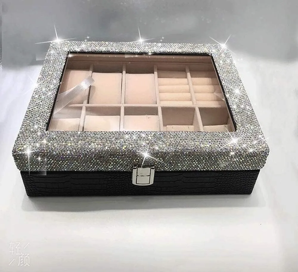 Perspective Dustproof Watch Box Ring Earrings Jewelry Box Watch Organiser urge Men Watch Box Watch Case Fashion Diamond Watch Storage Box Multi-Cell Glass 