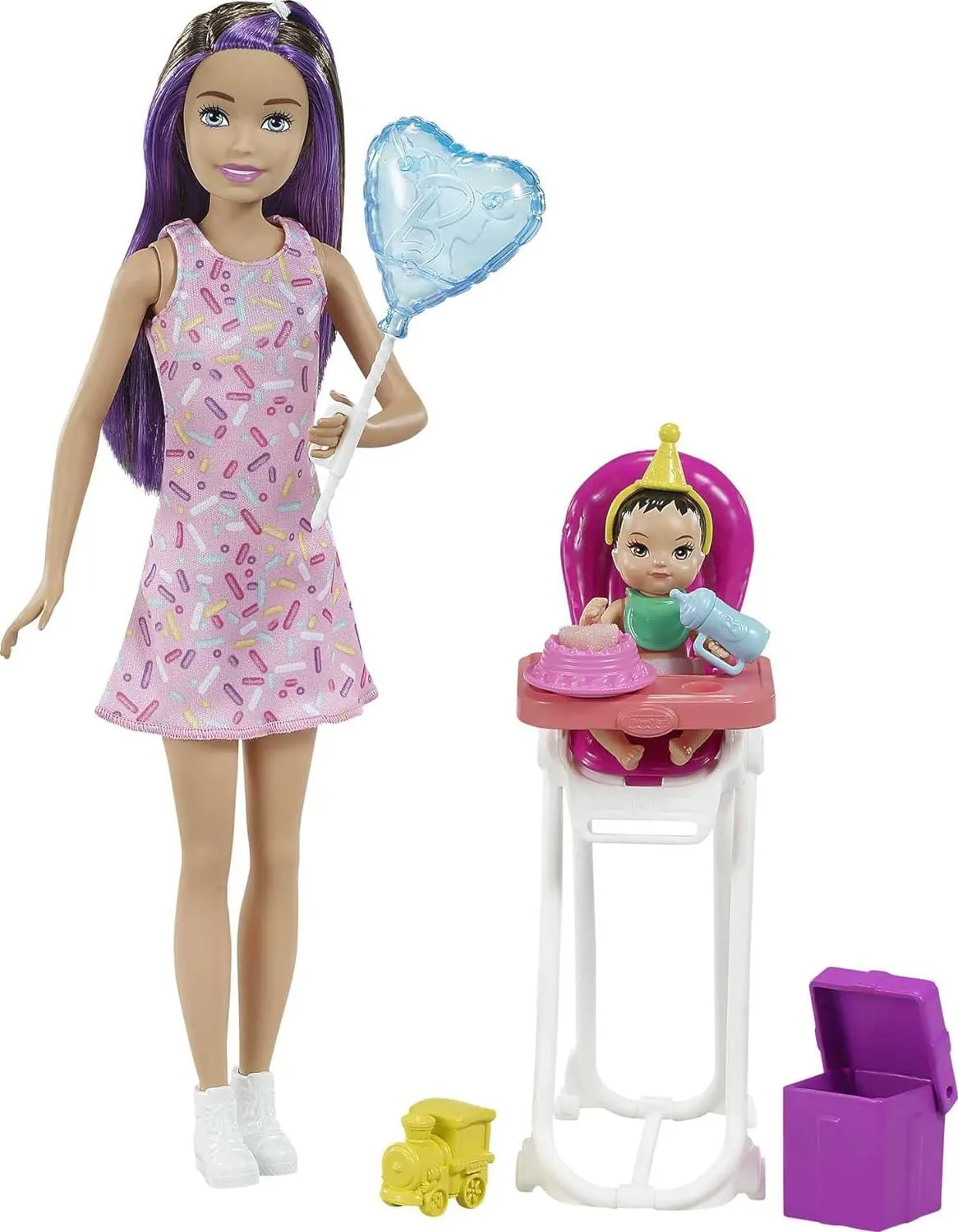Playset, deceive wintertime Birthday Feeding Set with Skipper Doll, Color-Change Baby Doll, High Chair & Accessories Barbie Skipper Babysitter Inc 