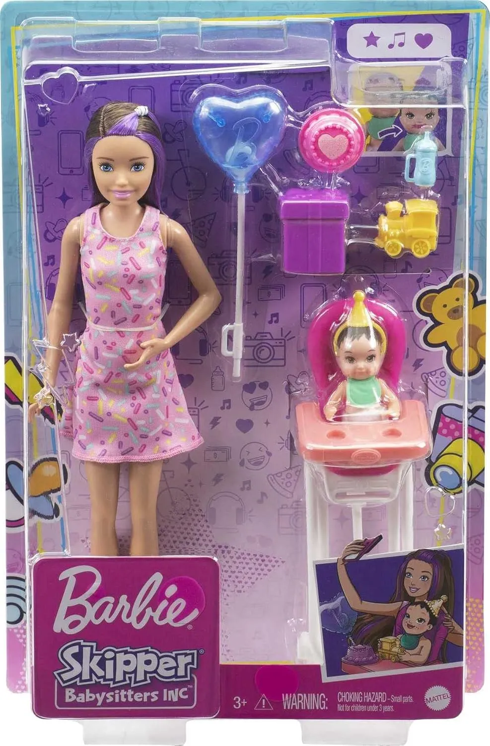 Playset, deceive wintertime Birthday Feeding Set with Skipper Doll, Color-Change Baby Doll, High Chair & Accessories Barbie Skipper Babysitter Inc 
