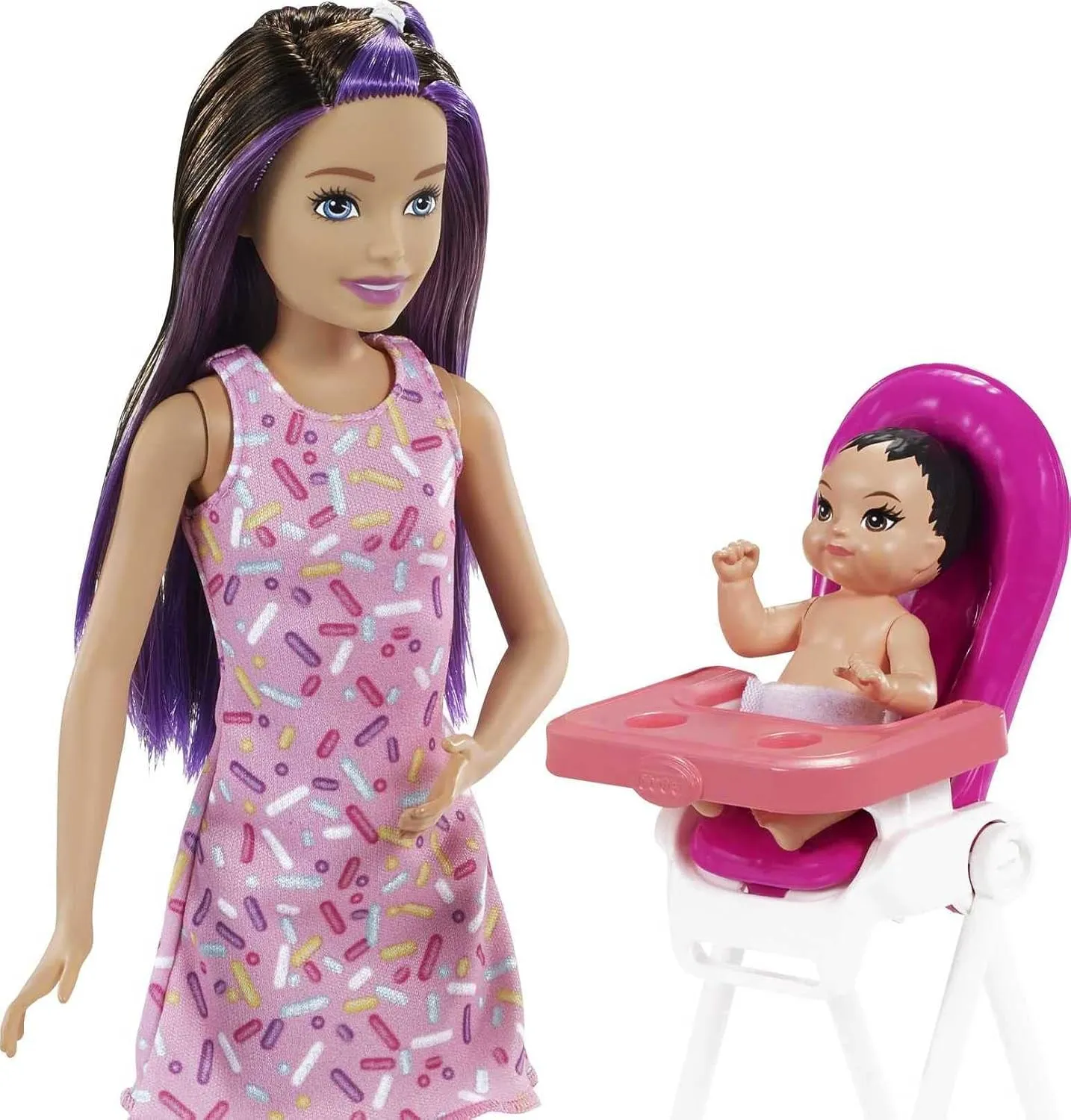 Playset, deceive wintertime Birthday Feeding Set with Skipper Doll, Color-Change Baby Doll, High Chair & Accessories Barbie Skipper Babysitter Inc 