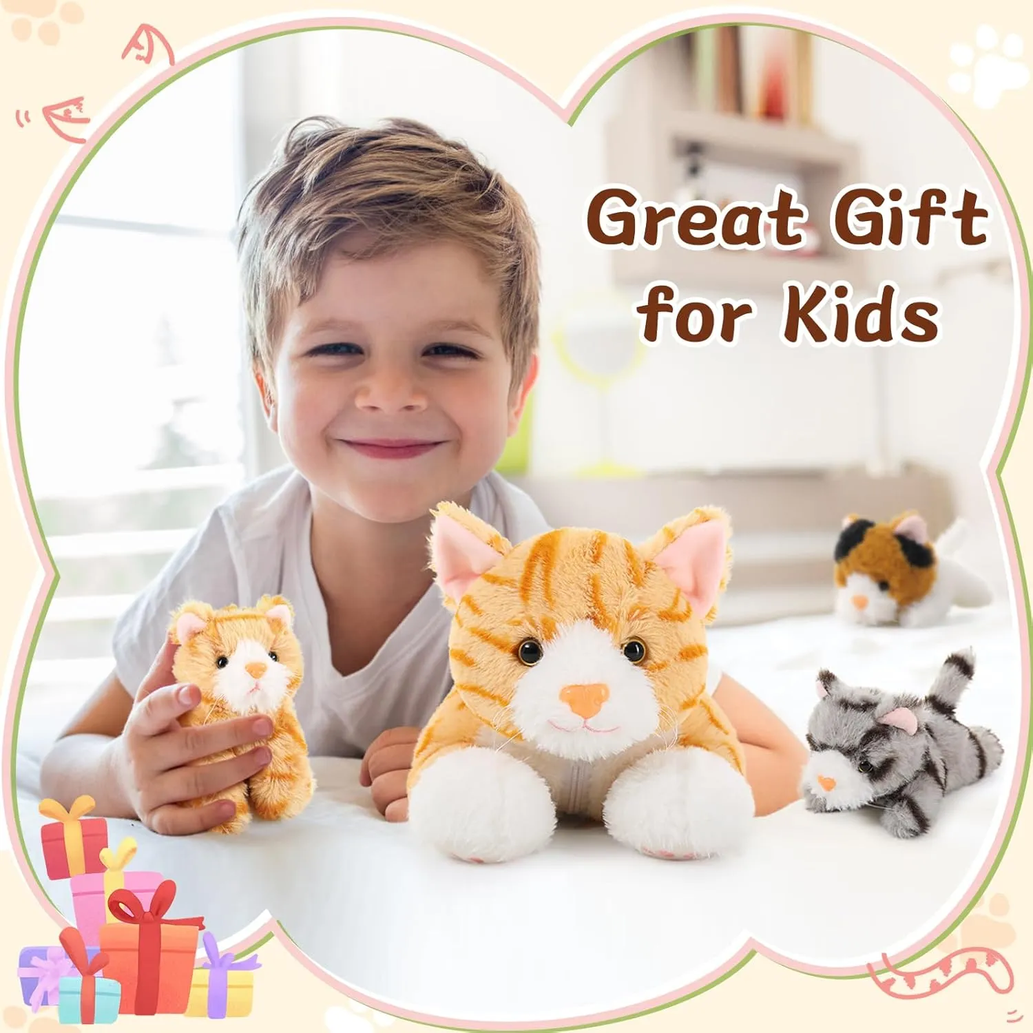 Plush Cat with 3 Kittens Stuffed in starch dig Zipper Pouch, Cute Yellow Mom and Baby Stuffed Cats for Kids Girls Boys Muiteiur 4 Piece Cats Stuffed Animals, 15.7 inch Mom 