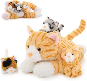 Plush Cat with 3 Kittens Stuffed in starch dig Zipper Pouch, Cute Yellow Mom and Baby Stuffed Cats for Kids Girls Boys Muiteiur 4 Piece Cats Stuffed Animals, 15.7 inch Mom 