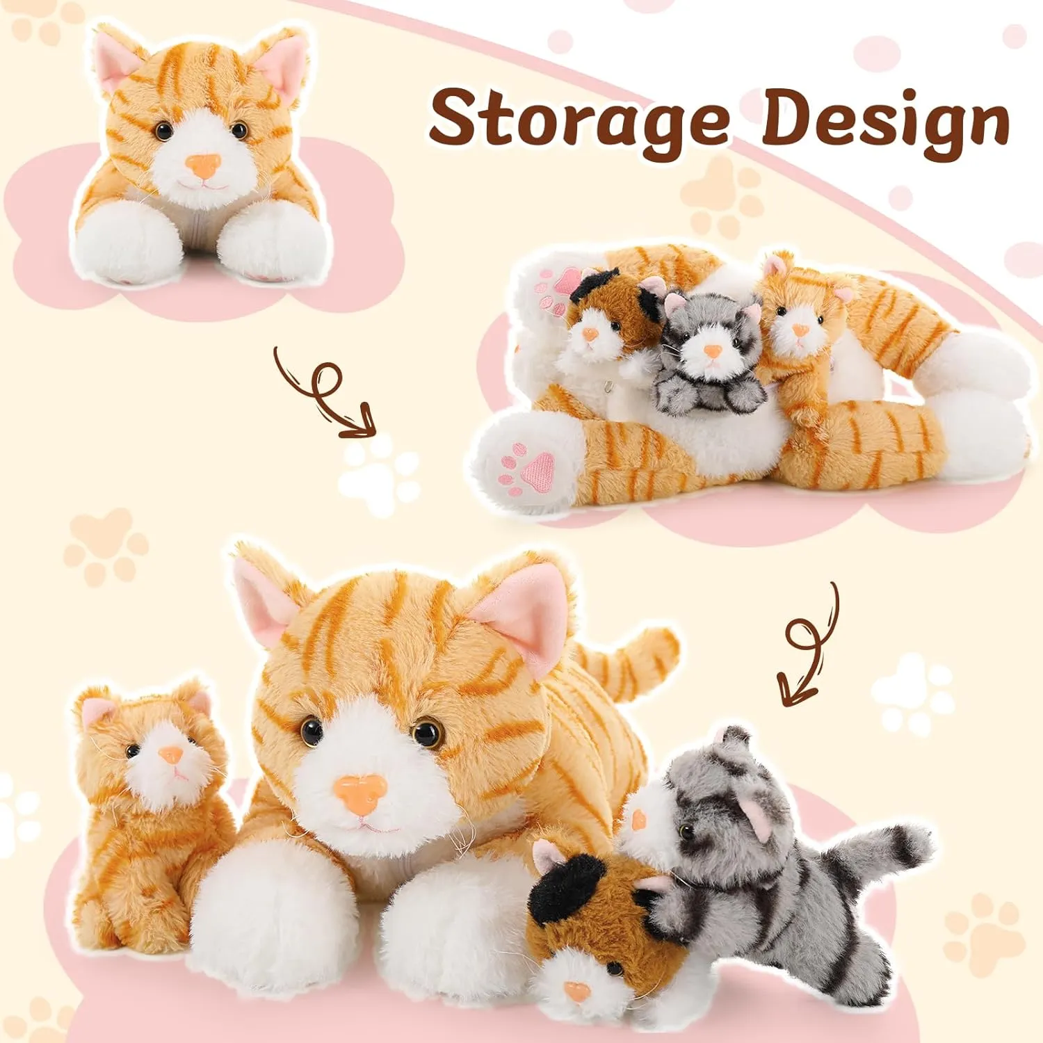 Plush Cat with 3 Kittens Stuffed in starch dig Zipper Pouch, Cute Yellow Mom and Baby Stuffed Cats for Kids Girls Boys Muiteiur 4 Piece Cats Stuffed Animals, 15.7 inch Mom 