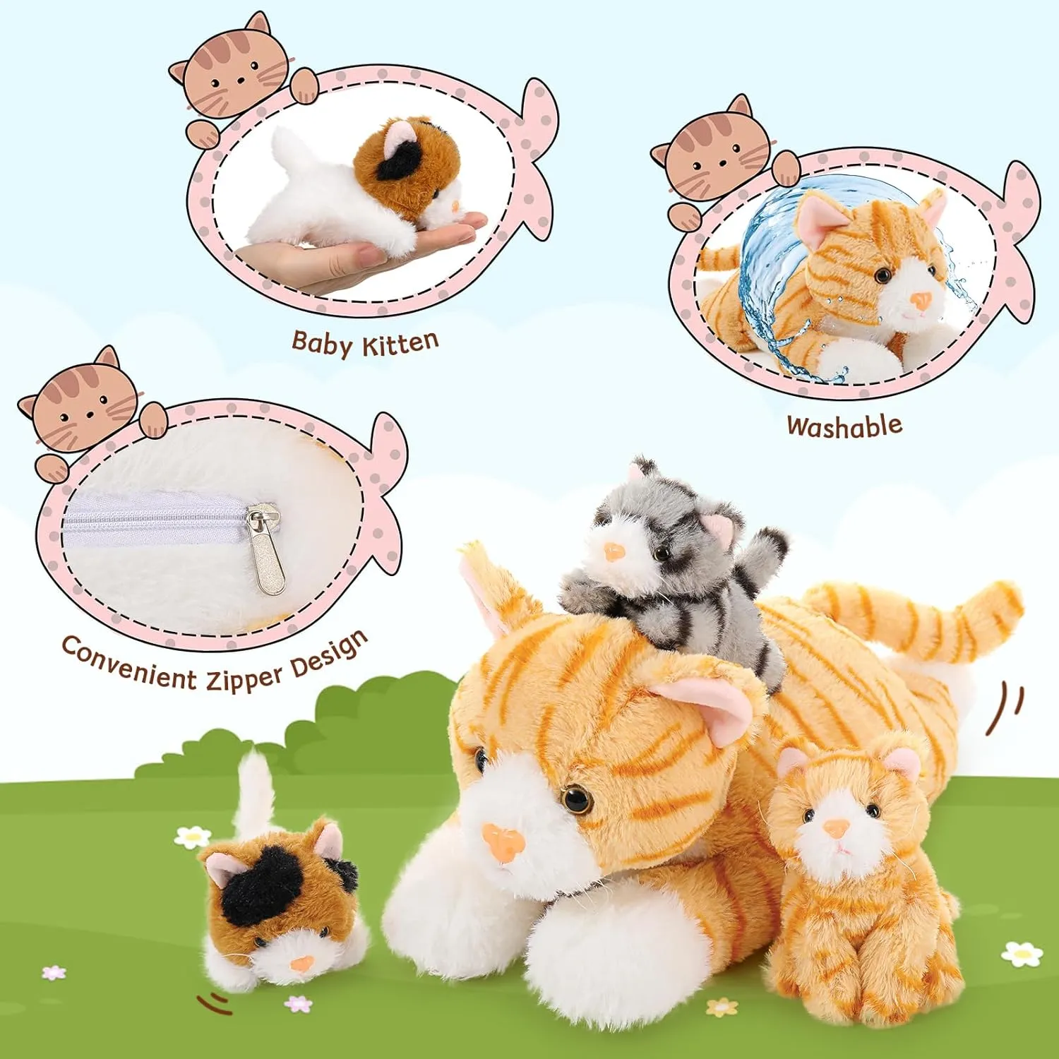 Plush Cat with 3 Kittens Stuffed in starch dig Zipper Pouch, Cute Yellow Mom and Baby Stuffed Cats for Kids Girls Boys Muiteiur 4 Piece Cats Stuffed Animals, 15.7 inch Mom 