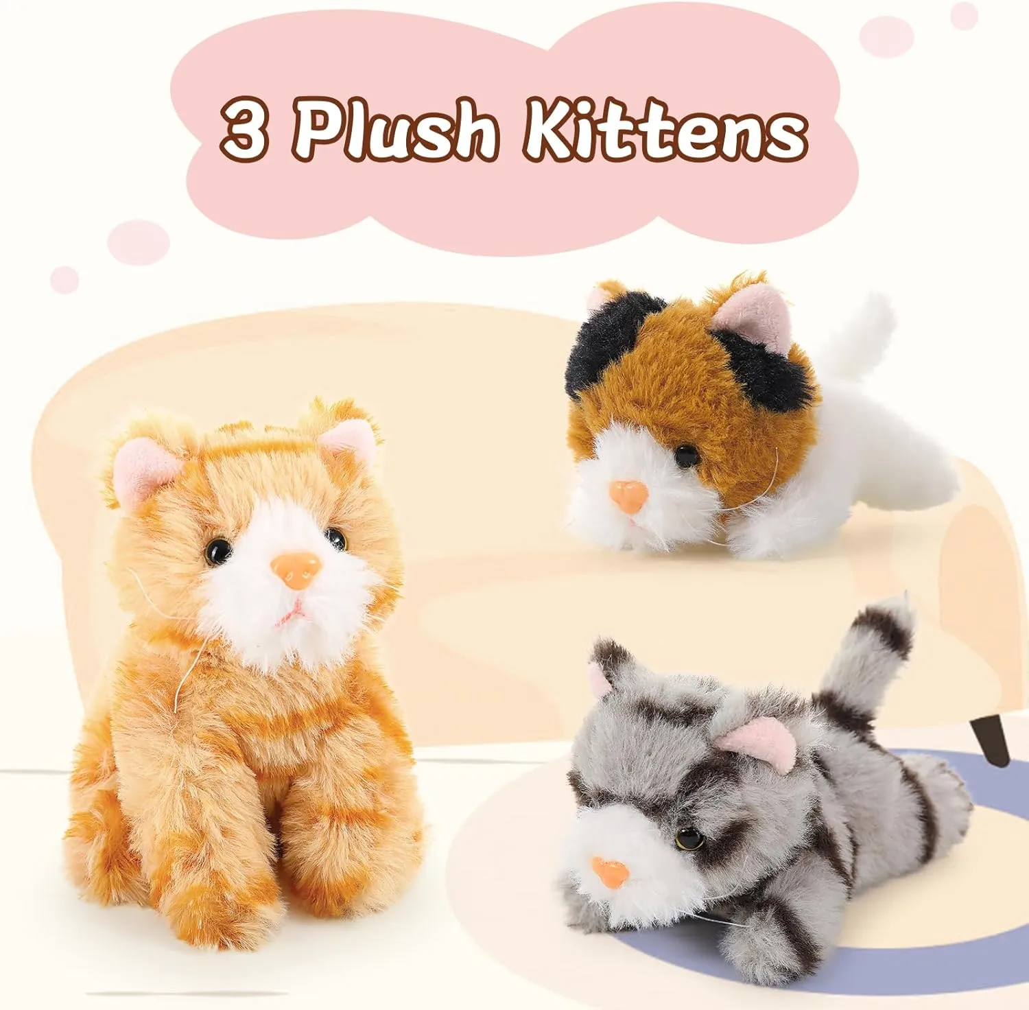 Plush Cat with 3 Kittens Stuffed in starch dig Zipper Pouch, Cute Yellow Mom and Baby Stuffed Cats for Kids Girls Boys Muiteiur 4 Piece Cats Stuffed Animals, 15.7 inch Mom 