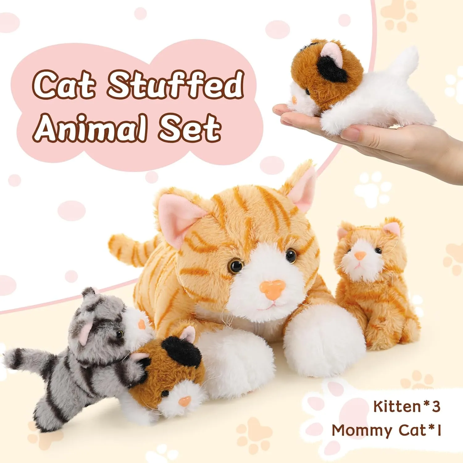 Plush Cat with 3 Kittens Stuffed in starch dig Zipper Pouch, Cute Yellow Mom and Baby Stuffed Cats for Kids Girls Boys Muiteiur 4 Piece Cats Stuffed Animals, 15.7 inch Mom 