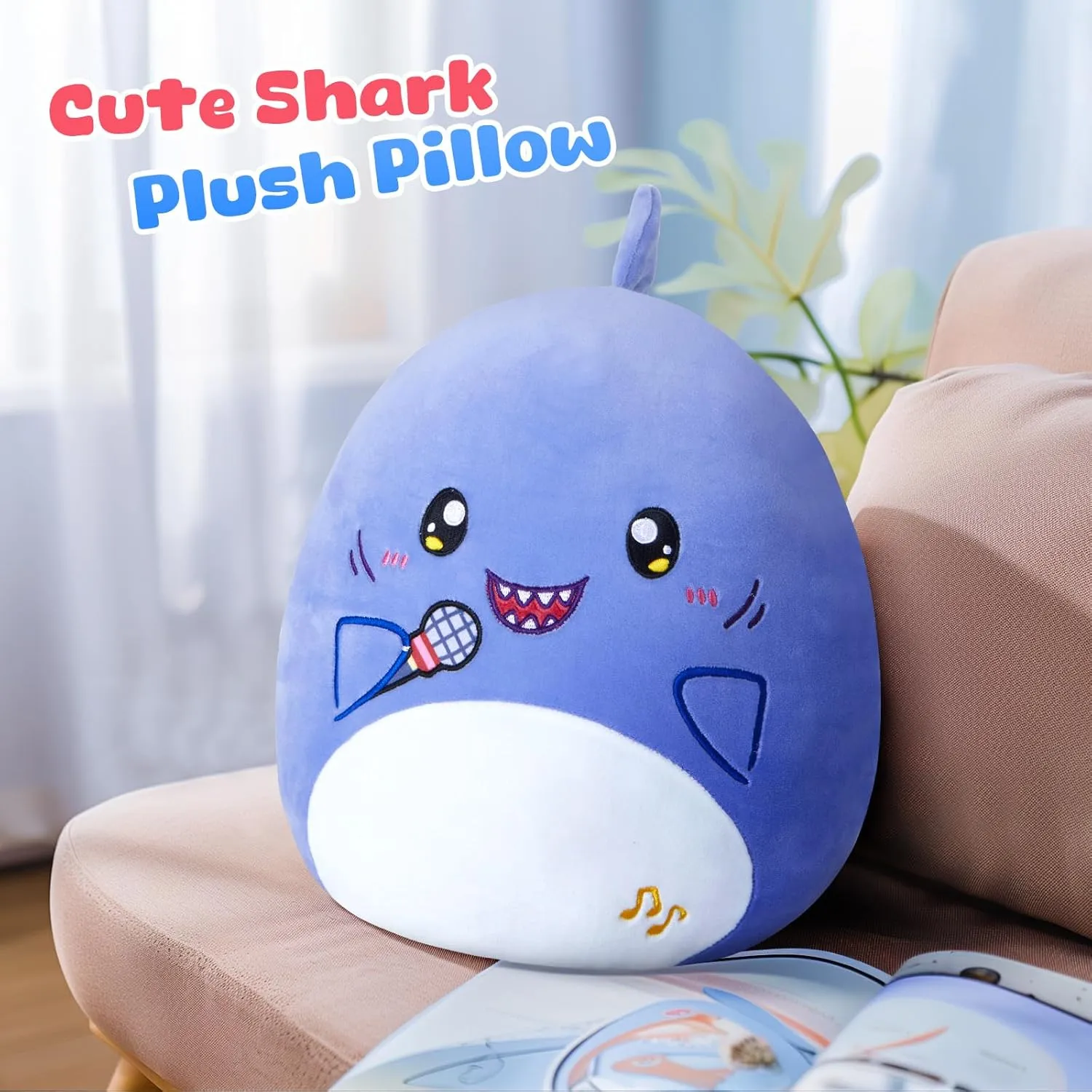 Plush Pillow Cute Shark Stuffed Animal Soft Shark Plush Toy Stuffed Animals Shark Birthday Gift for Boys Girls Kids,Blue Shark Holding rigid eight fail dormant assemblage handle Microphone Glow Guards 12'' Shark 