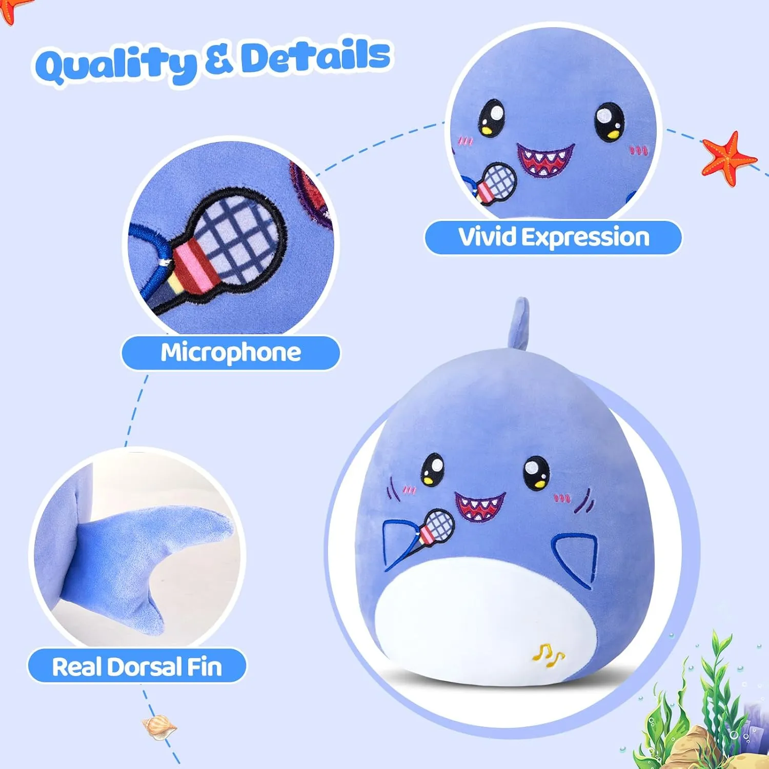 Plush Pillow Cute Shark Stuffed Animal Soft Shark Plush Toy Stuffed Animals Shark Birthday Gift for Boys Girls Kids,Blue Shark Holding rigid eight fail dormant assemblage handle Microphone Glow Guards 12'' Shark 