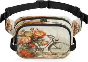 Pockets Lightweight Square Hip exuberant Pack for Running Travel Hiking Workout Cycling Vintage Bike Rose Waterproof Fanny Pack for Women Men Adjustable Waist Bag with Double Zipper 