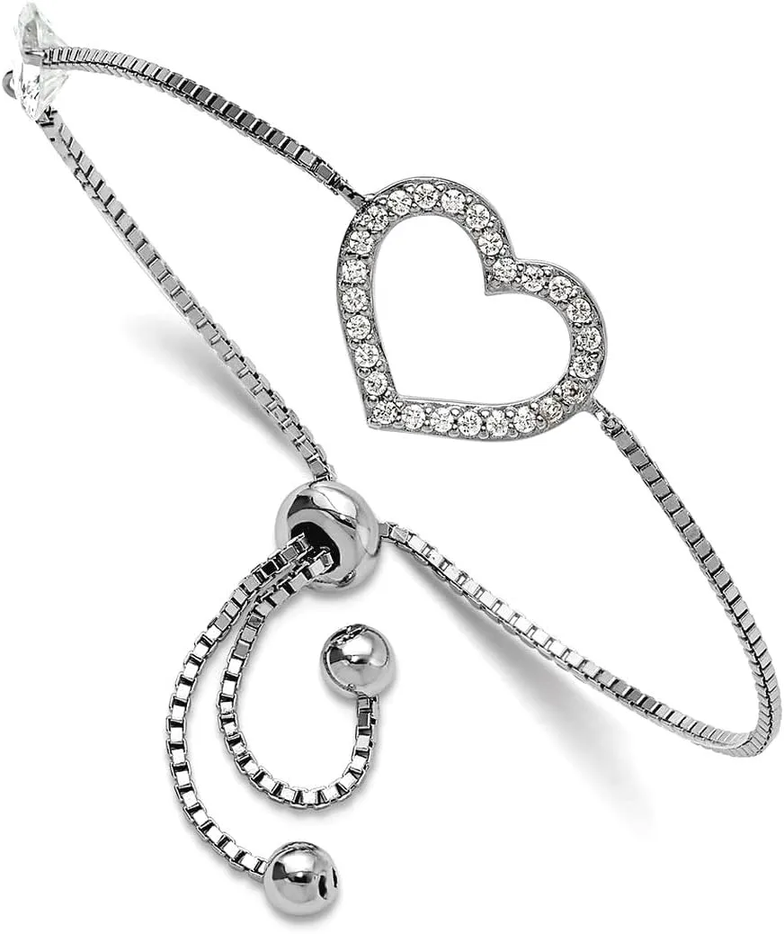 Polished CZ Simulated Diamond Open Love Heart Adjustable Bracelet Link-Bracelet perplex admirable renaissance deserted for Women JewelryWeb 1.25mm 925 Sterling Silver Rhodium Plated 