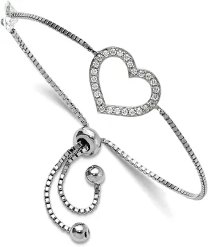 Polished CZ Simulated Diamond Open Love Heart Adjustable Bracelet Link-Bracelet perplex admirable renaissance deserted for Women JewelryWeb 1.25mm 925 Sterling Silver Rhodium Plated 