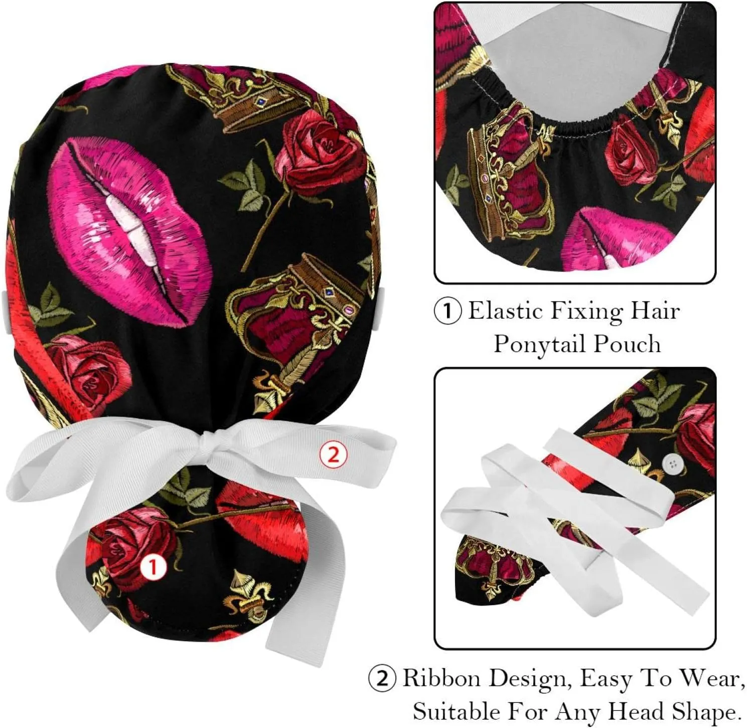 Ponytail equator Pouch Cotton Working Hat Sweatband Adjustable Surgical Cap Retro Geometric 2 PCS Bouffant Cap with Button 