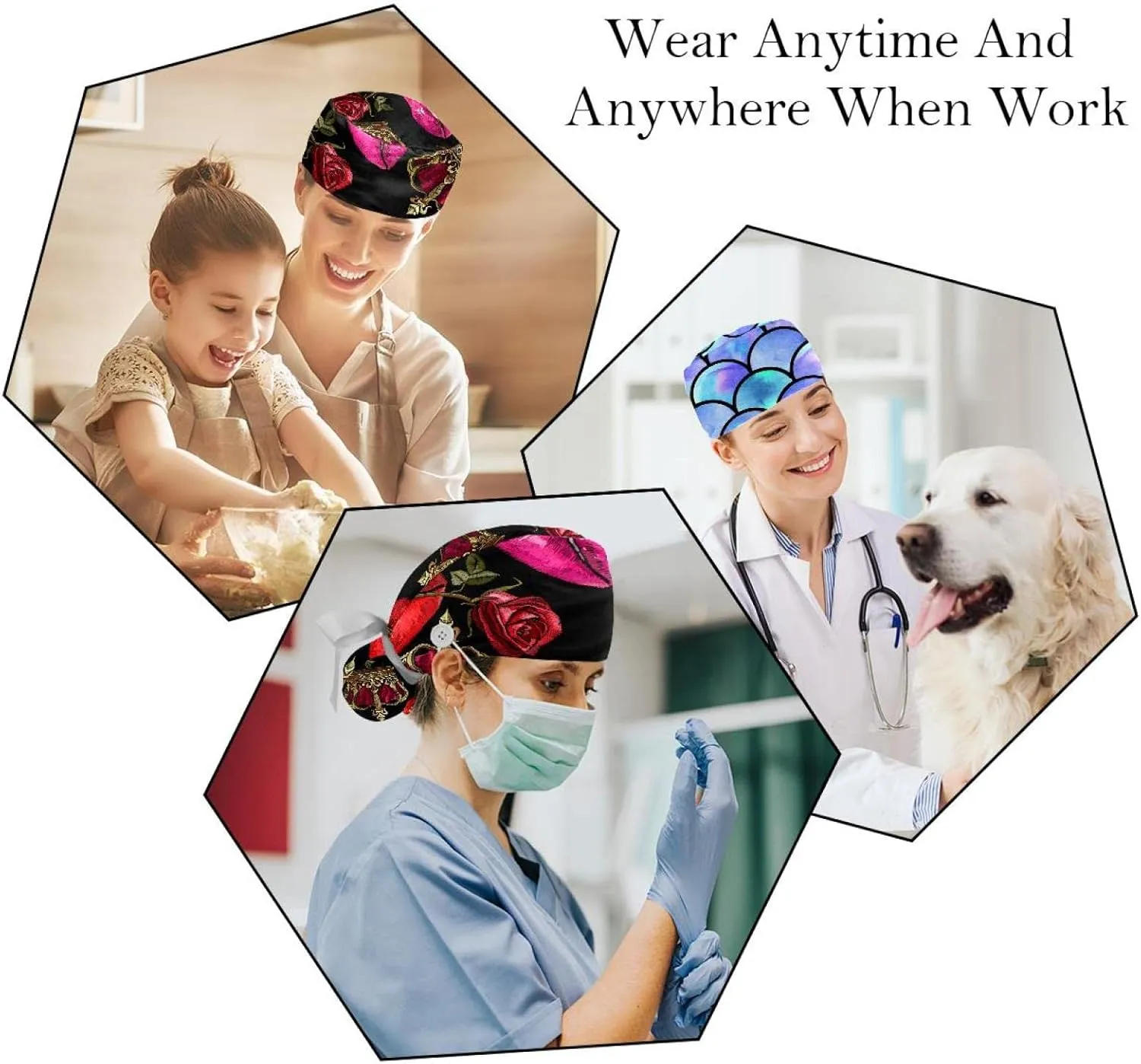 Ponytail equator Pouch Cotton Working Hat Sweatband Adjustable Surgical Cap Retro Geometric 2 PCS Bouffant Cap with Button 