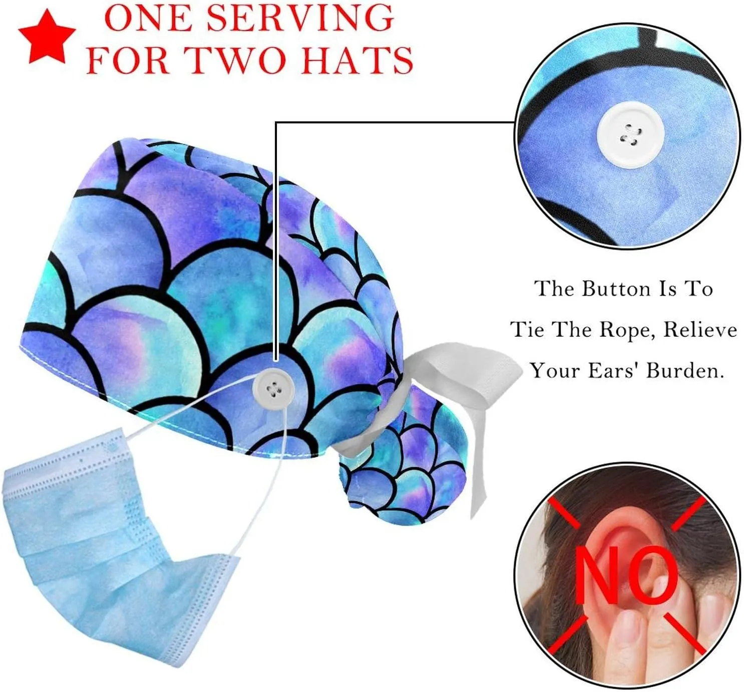 Ponytail equator Pouch Cotton Working Hat Sweatband Adjustable Surgical Cap Retro Geometric 2 PCS Bouffant Cap with Button 