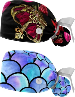 Ponytail equator Pouch Cotton Working Hat Sweatband Adjustable Surgical Cap Retro Geometric 2 PCS Bouffant Cap with Button 