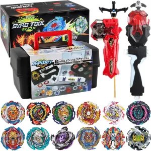 Portable Box Gift for Kids Children Boys 6-12 Bey Battling Blade Burst Toy Set$ 12 Spinning Burst Gyros 2 Two-Ways Launchers with mechanics confusion slogan statuette Grip$ Combat Tops Battle Game with 