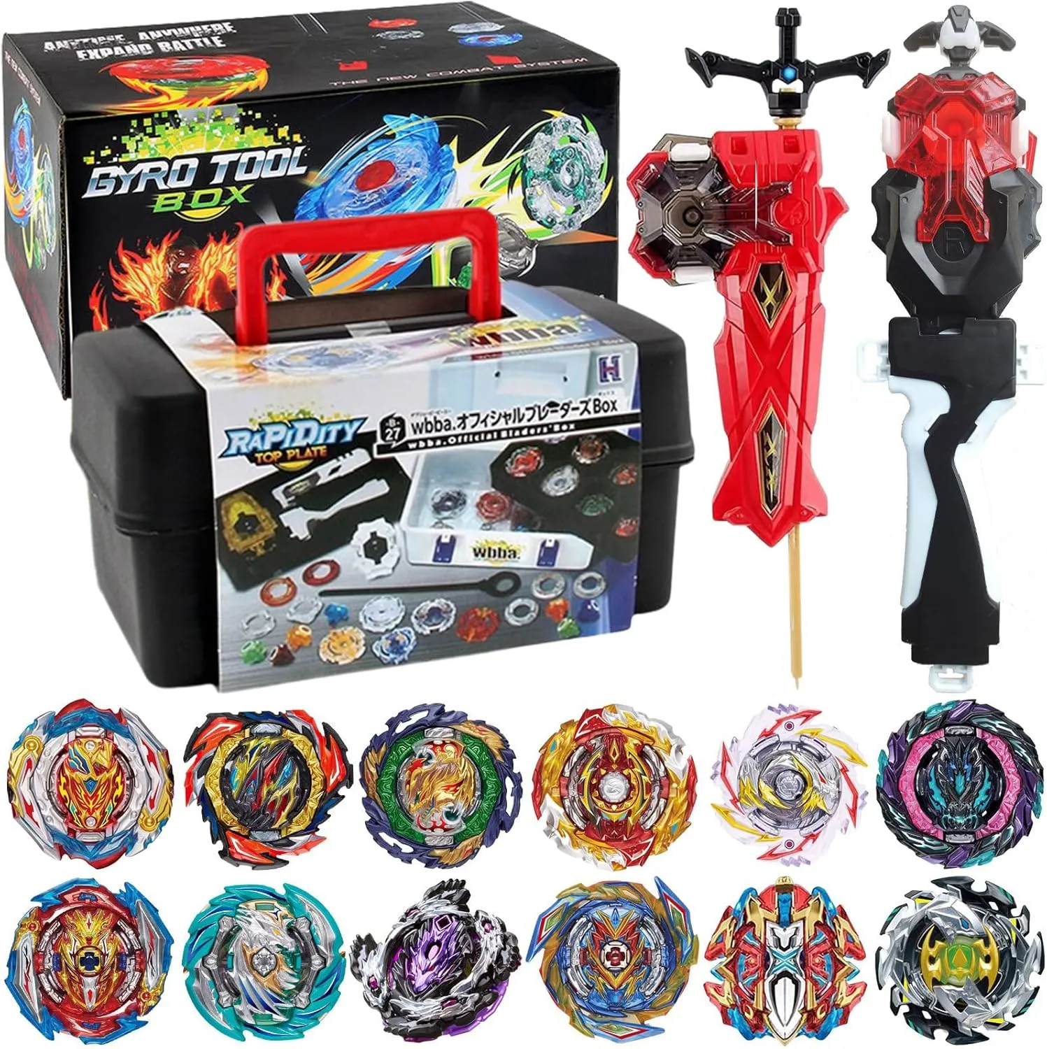 Portable Box Gift for Kids Children Boys 6-12 Bey Battling Blade Burst Toy Set$ 12 Spinning Burst Gyros 2 Two-Ways Launchers with mechanics confusion slogan statuette Grip$ Combat Tops Battle Game with 