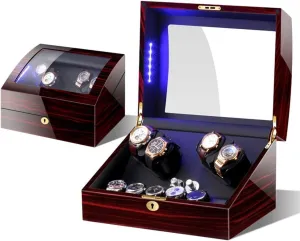 Position with LED Light &Quiet Motor glance Piano Paint Automatic Watch Winder Box Wooden 4 Watches   6 Storage 