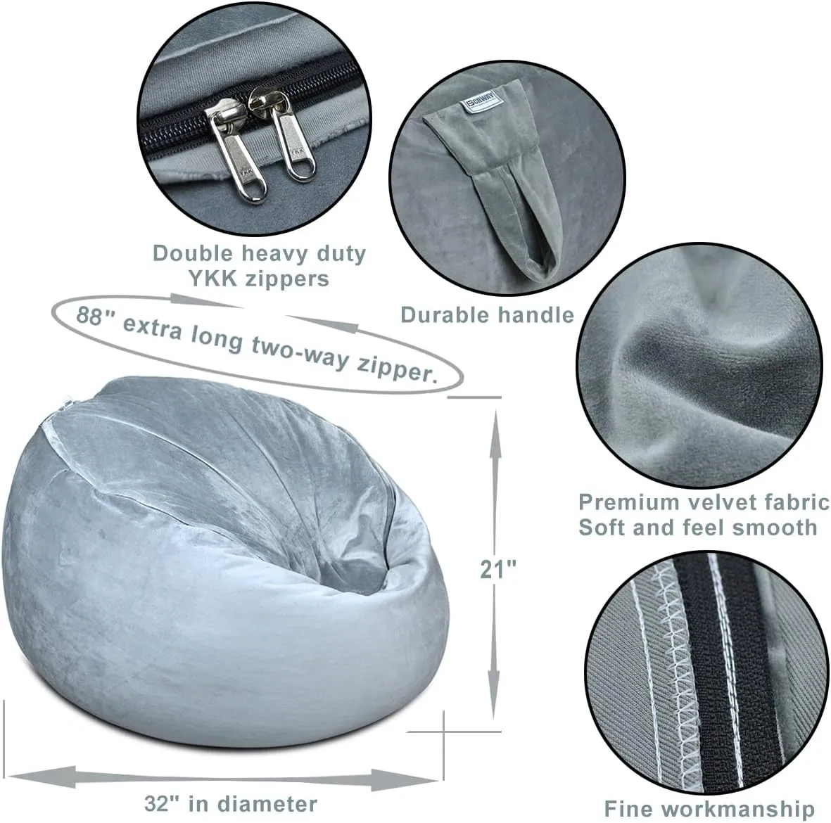 Premium Velvet-Grey Stuffed heading jay Animal Storage Bean Bag Chair Cover, Plush Toys Organizer Holder, Beanbag Chairs Cover with Handle and Hidden Zipper for Kids Boys Girls X-Large Super Soft 