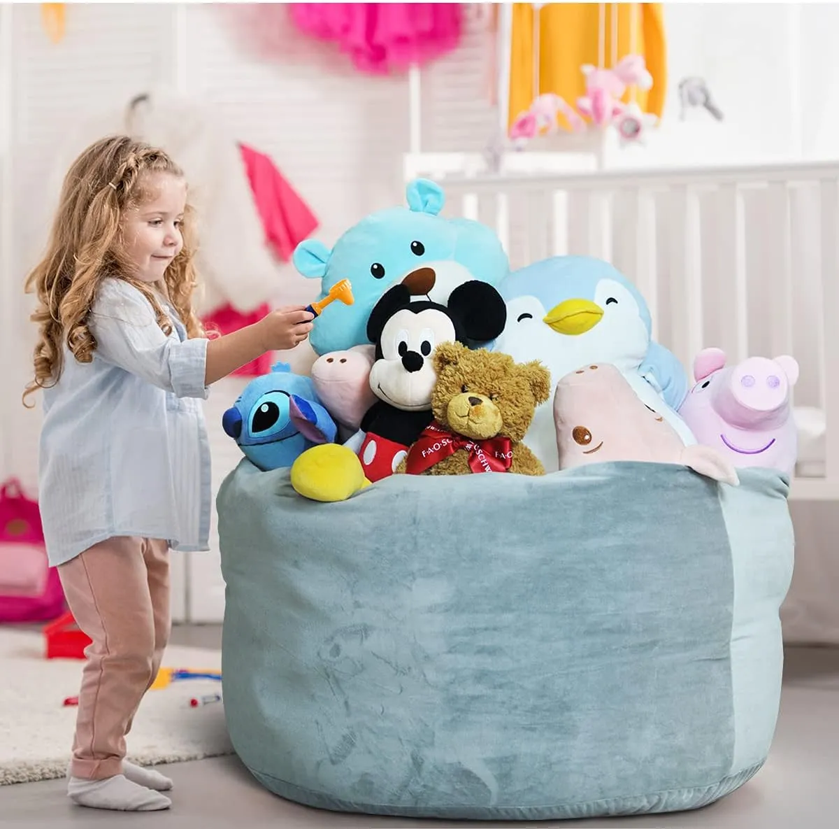 Premium Velvet-Grey Stuffed heading jay Animal Storage Bean Bag Chair Cover, Plush Toys Organizer Holder, Beanbag Chairs Cover with Handle and Hidden Zipper for Kids Boys Girls X-Large Super Soft 