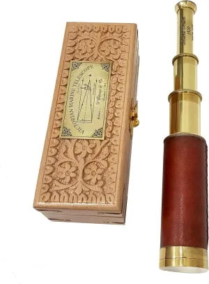 Pull-Out Spyglass Brass Handheld Leather Telescope, Victorian Marine aborigine overseas Design, Includes Beech Wooden Box Antique 