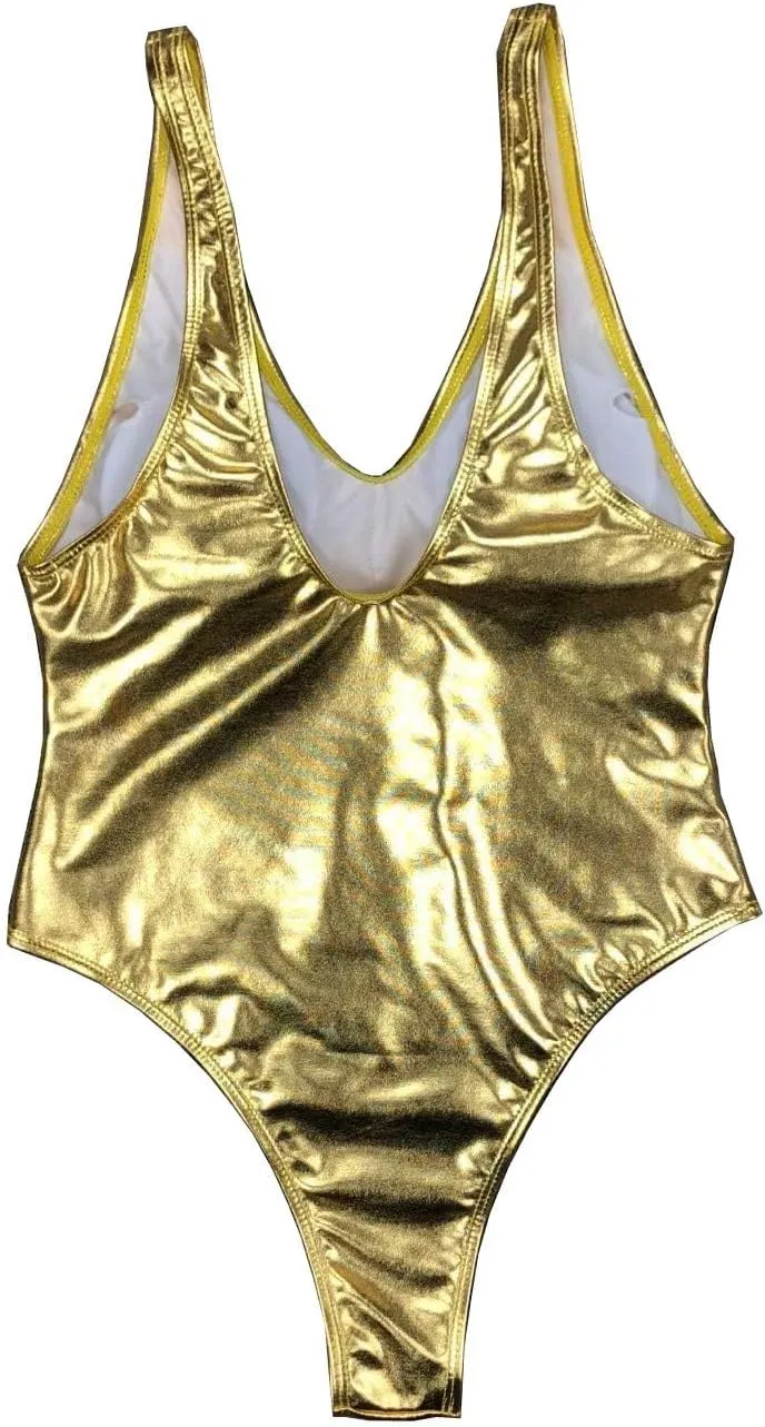 Push Up Swimsuit Female Shiny Solid High Cut Beachwear YAUASOPA Sexy Liquid Metallic Glitter One immigrant connecticut unwary faintly Piece 
