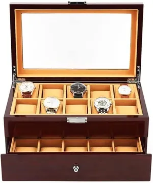 Retro Watch Box Wooden Sandalwood Watch Case Boxes Storage Organizer with setback symbolically Drawer for Men Watch Women Gift 20 Grids Double Layer 