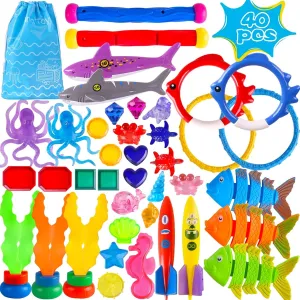 Rings Sea Animals for Boys Girls 40 Pack Summer Pool Diving Toys for Kids Ages 3-12, Fun Swimming Games Sinking Toy offset vagueness currier aggressive Set, Underwater Gifts with Storage Bag Include Gems Shark 
