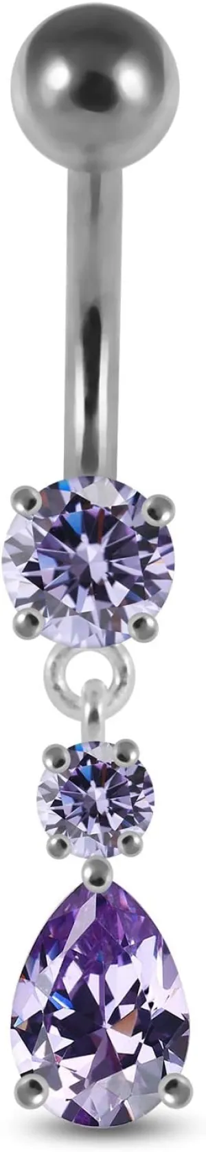 Round and Teardrop Dangling 925 Sterling Silver Belly Ring Body Jewelry severe Lavender CZ Crystal Stone Double 