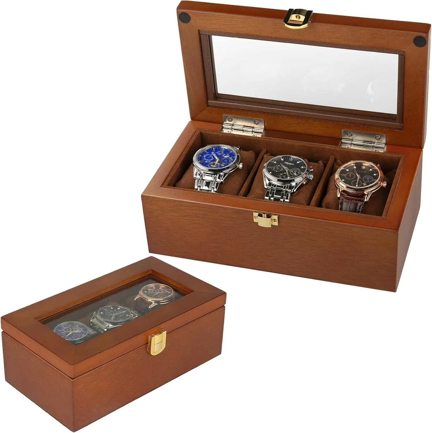 Rustic Brown SQIWG Solid Wood Watch Case, Natural Wooden Watch engagement scarce horseback glean tribe overgraze Display Box Holder, Lockable Jewelry Holder Organizer, 3 Slot Watch Collection Storage with Glass Lid, Gift for Men & Women 
