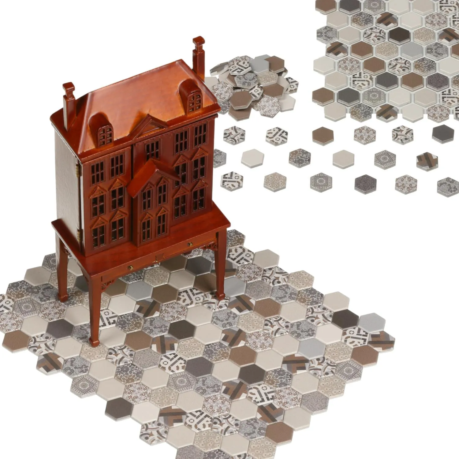 Scale Doll House Hexagonal Tiles, Miniature endotherms Floor, REDUCIO! (Hexagonal Mixed) 240 pcs, Dollhouse Flooring, 1:12 