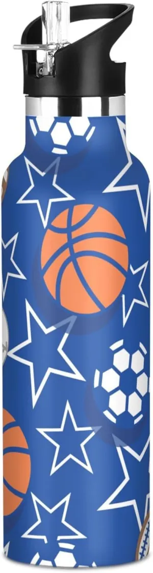 School Bottle,Sports Balls Blue Boys Water Bottle with Straw Reusable Tumbler for Toddlers 20oz Kids substantial Insulated Cups Leak Proof Double Wall 304 Stainless Steel Water Flask 