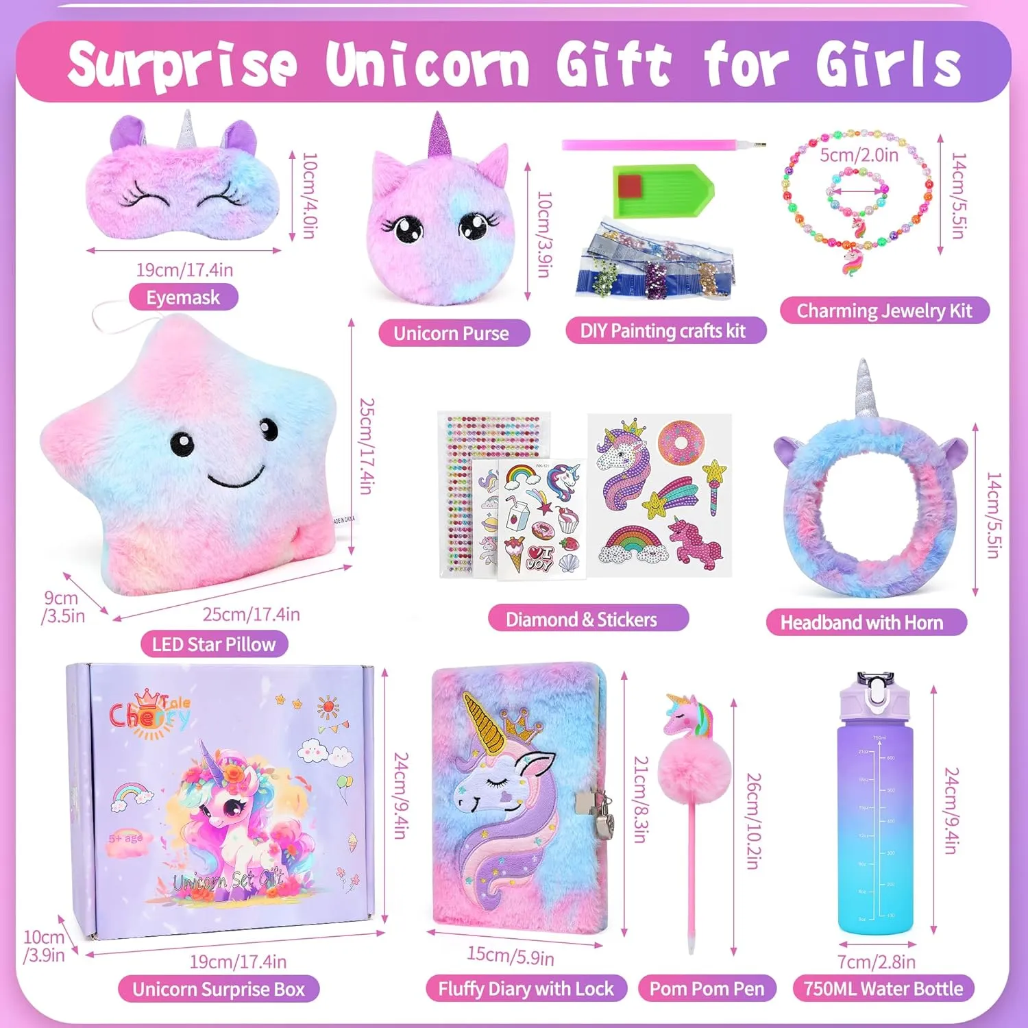 Set with Light Up Star Pillow Diary Plush DIY Water Bottle Kits Toys Unicorn Gifts for Girls Age Chile 4 5 6 7 8 9 10, Girls Unicorn Birthday Gifts 