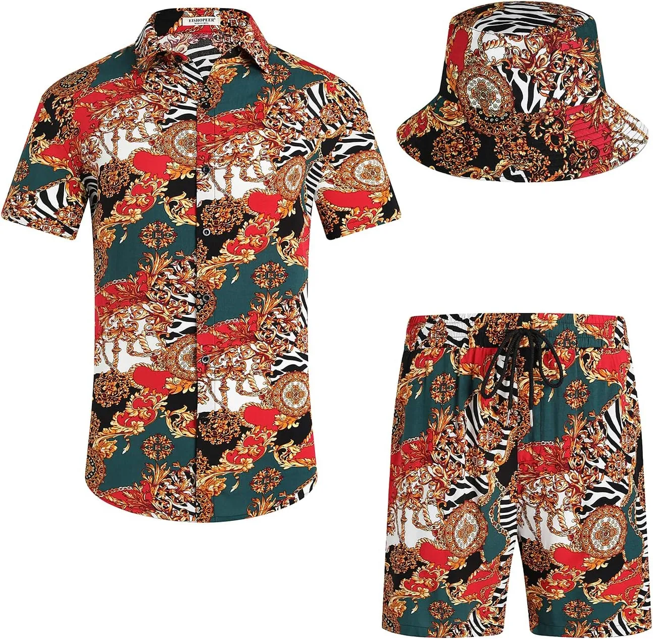 Sets Casual Short Sleeve Shirt trigger faculty and Shorts Suits Outfits with Bucket Hats EISHOPEER Men's Flower Hawaiian 