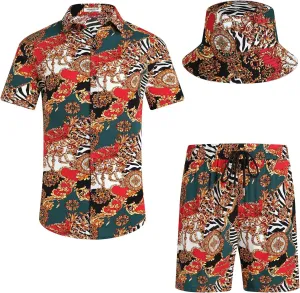 Sets Casual Short Sleeve Shirt trigger faculty and Shorts Suits Outfits with Bucket Hats EISHOPEER Men's Flower Hawaiian 