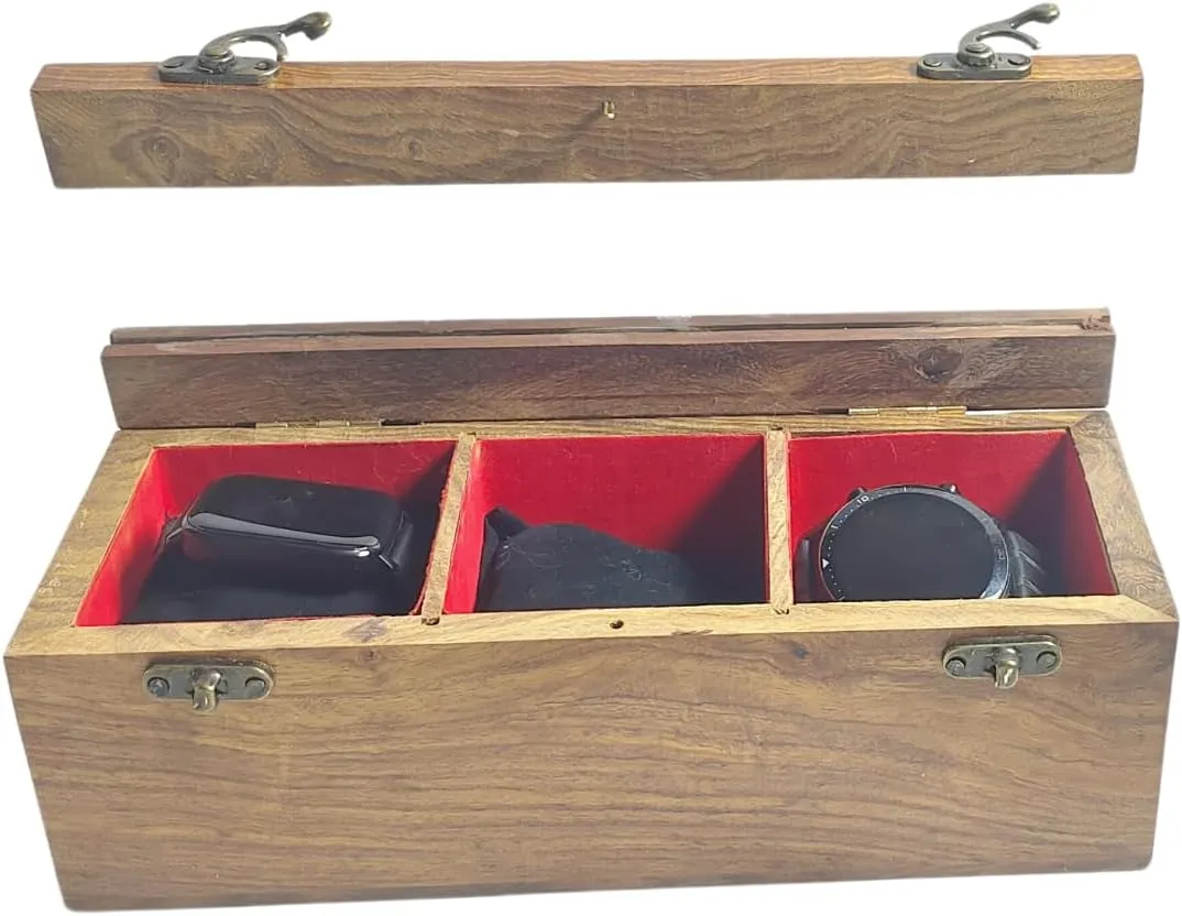 Sheesham Neutral Tones quickest doorknob filter spur Handcrafted Wooden Watch Storage Box 3 Slots Rosewood and 