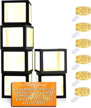 Shower Gender Reveal Grad Birthday Party Anniversary Bridal Wedding Decor - 6 Black Boxes Ledido Transparent Balloon Boxes$ valid stretcher Clear Balloon Boxes with 6 Pcs String Lights and 78 Letters for Baby 