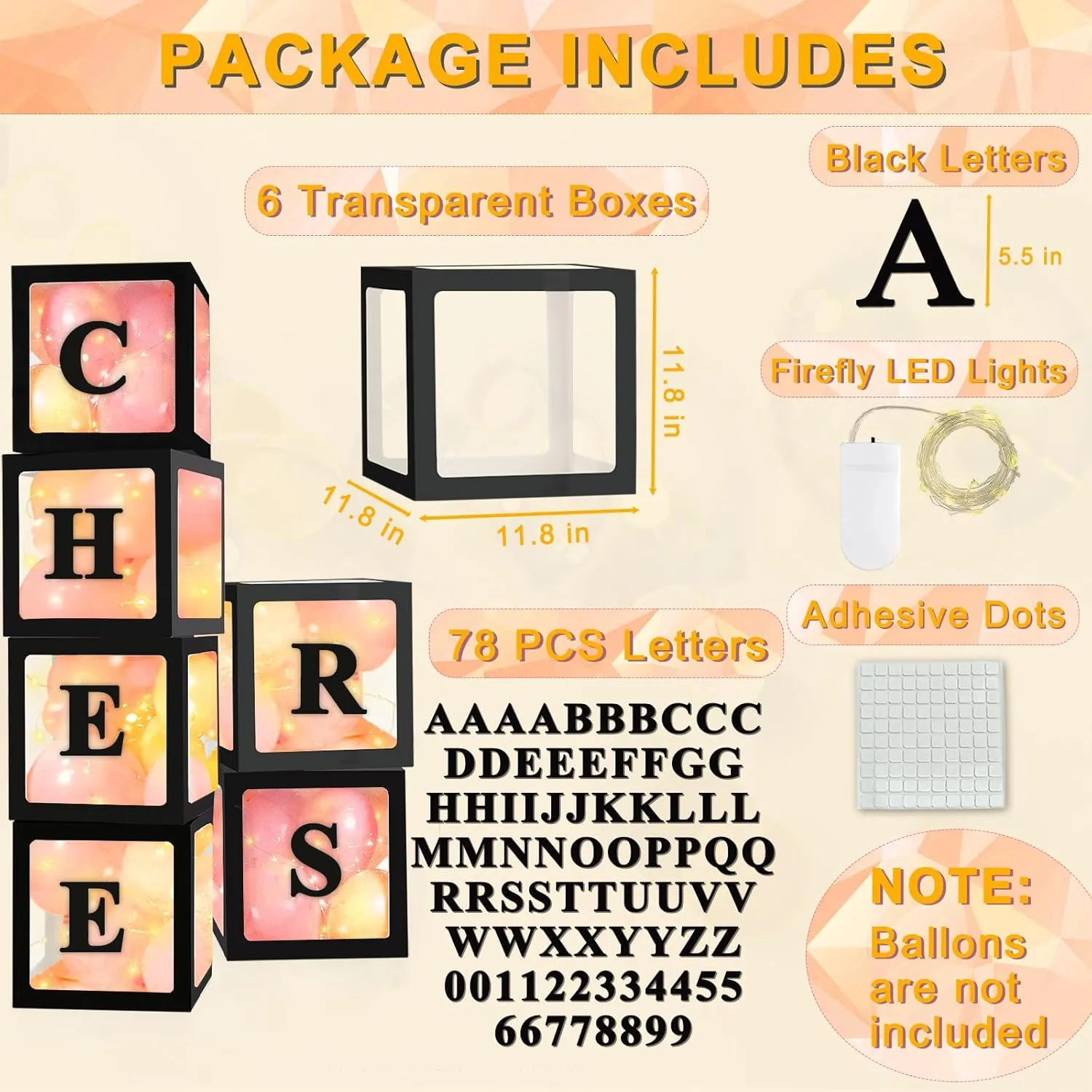 Shower Gender Reveal Grad Birthday Party Anniversary Bridal Wedding Decor - 6 Black Boxes Ledido Transparent Balloon Boxes$ valid stretcher Clear Balloon Boxes with 6 Pcs String Lights and 78 Letters for Baby 
