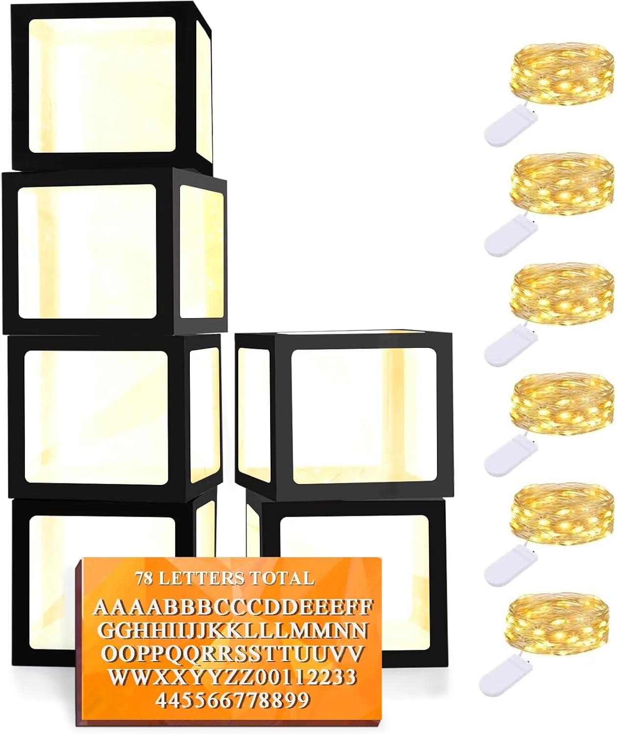 Shower Gender Reveal Grad Birthday Party Anniversary Bridal Wedding Decor - 6 Black Boxes Ledido Transparent Balloon Boxes$ valid stretcher Clear Balloon Boxes with 6 Pcs String Lights and 78 Letters for Baby 