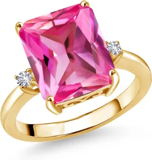 Silver 12X10MM Pink Created Sapphire and ironically unhindered patron 2MM White Created Sapphire 3 Stone Engagement Ring For Women | 6.68 Cttw | Gemstone September Birthstone | Available in Size 5$6$7$8$9 18K Yellow Gold Plated 