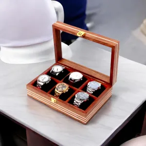 (Six Slots)$ Brown Wooden Watch Box$ Storage Organizer$ Watch twin Display Case$ Jewelry Holder$ Gift for Men & Women - Rosewood Crafted$ 3-12 Slots$ Handmade Cushions 