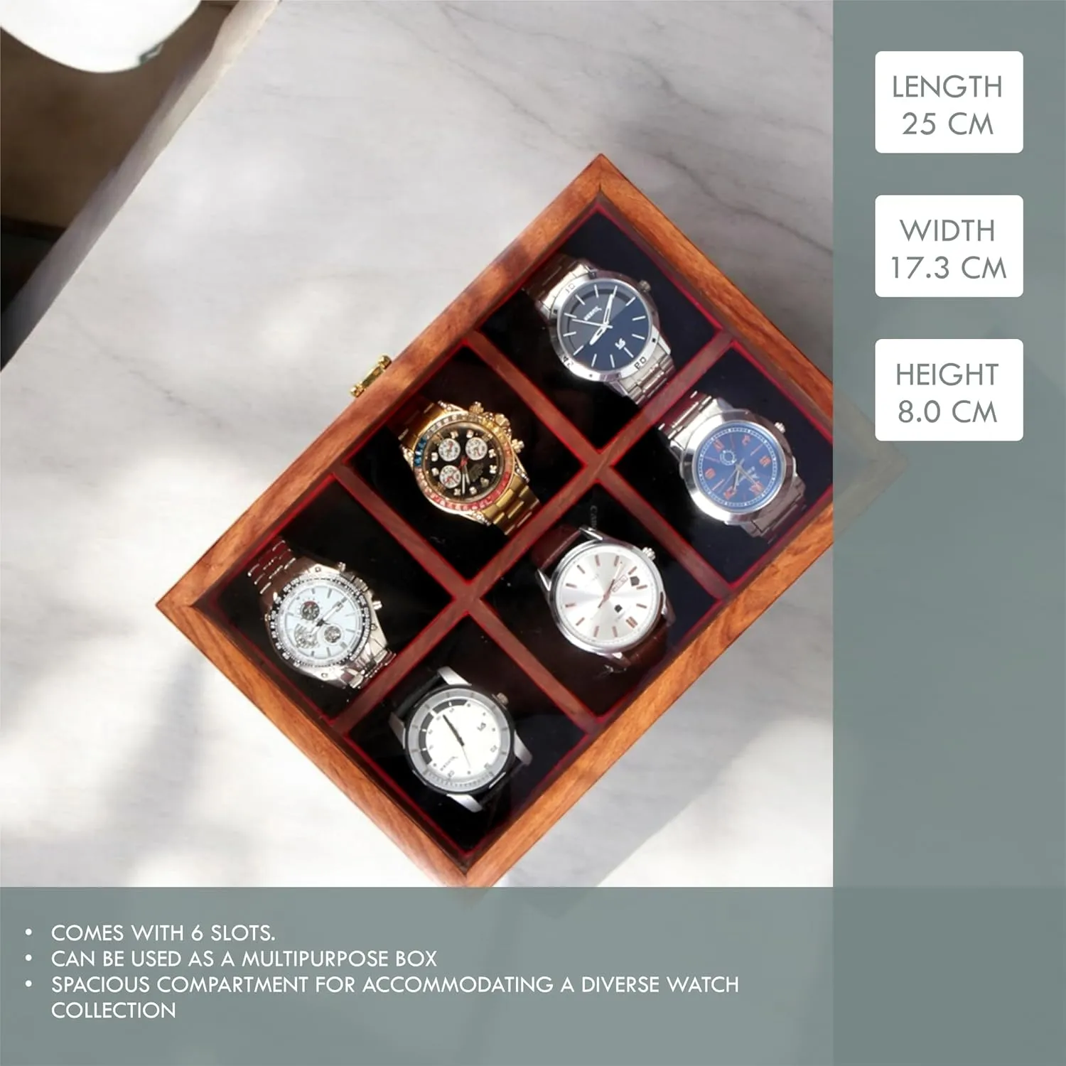 (Six Slots)$ Brown Wooden Watch Box$ Storage Organizer$ Watch twin Display Case$ Jewelry Holder$ Gift for Men & Women - Rosewood Crafted$ 3-12 Slots$ Handmade Cushions 