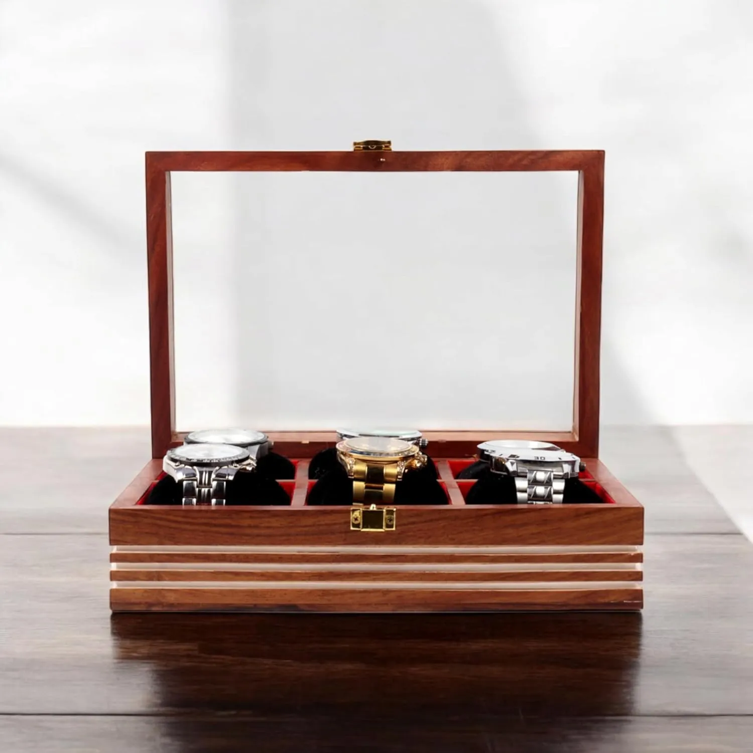 (Six Slots)$ Brown Wooden Watch Box$ Storage Organizer$ Watch twin Display Case$ Jewelry Holder$ Gift for Men & Women - Rosewood Crafted$ 3-12 Slots$ Handmade Cushions 