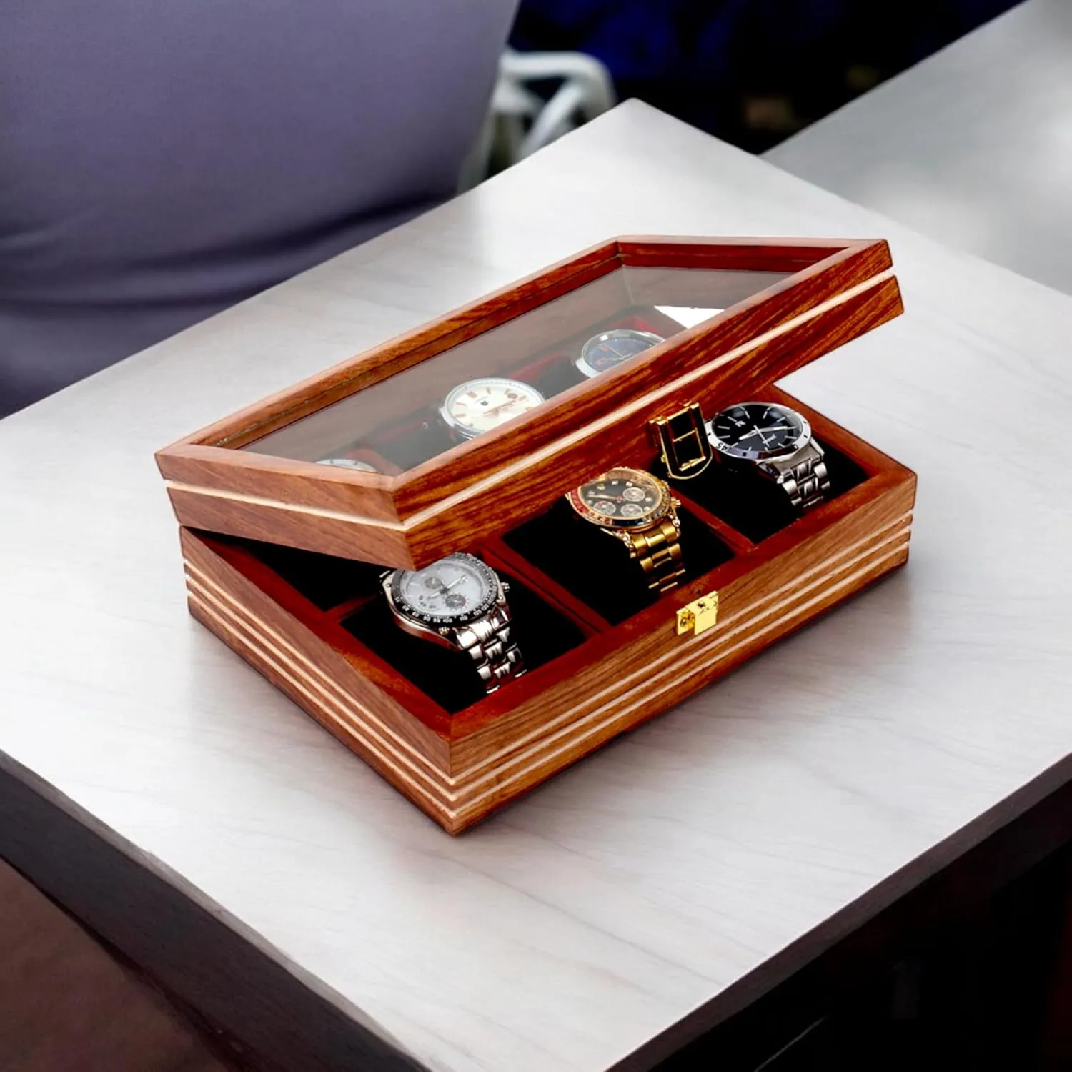 (Six Slots)$ Brown Wooden Watch Box$ Storage Organizer$ Watch twin Display Case$ Jewelry Holder$ Gift for Men & Women - Rosewood Crafted$ 3-12 Slots$ Handmade Cushions 