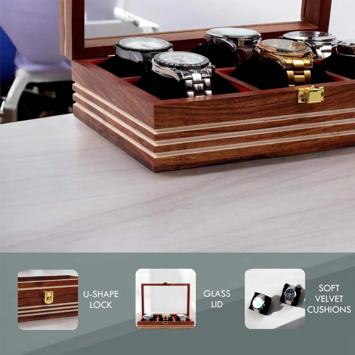 (Six Slots)$ Brown Wooden Watch Box$ Storage Organizer$ Watch twin Display Case$ Jewelry Holder$ Gift for Men & Women - Rosewood Crafted$ 3-12 Slots$ Handmade Cushions 