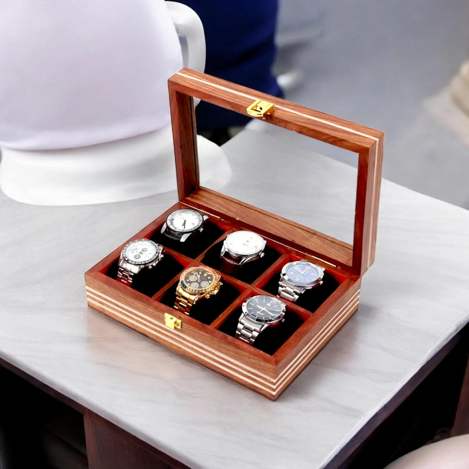 (Six Slots)$ Brown Wooden Watch Box$ Storage Organizer$ Watch twin Display Case$ Jewelry Holder$ Gift for Men & Women - Rosewood Crafted$ 3-12 Slots$ Handmade Cushions 